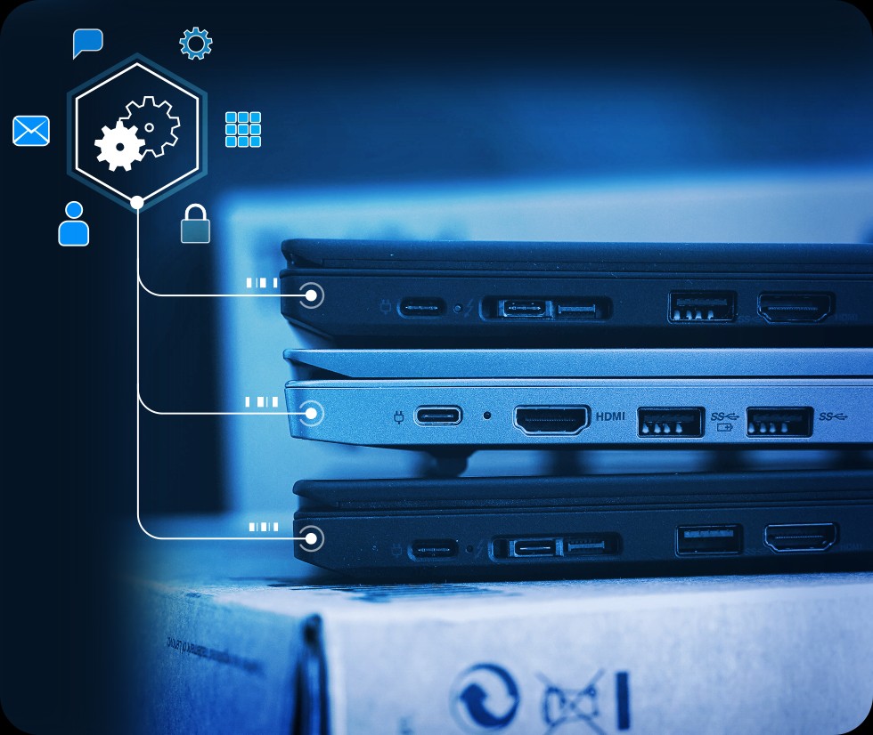 Managed laptops connected to a support platform